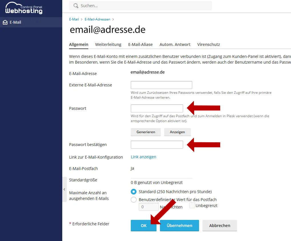 Neues Passwort vergeben und bestätigen